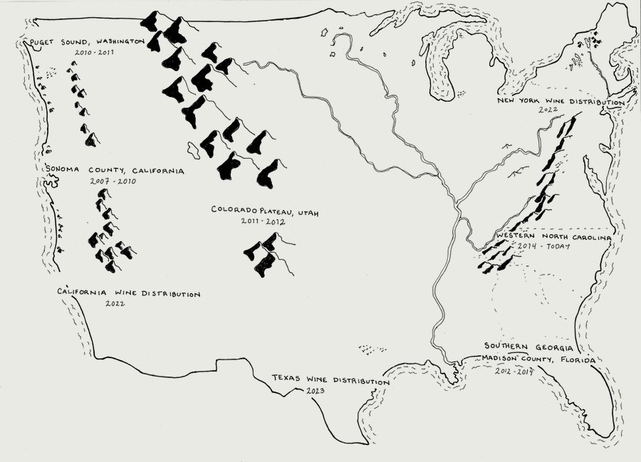 Ink map of the United States marking where Chris has worked: Sonoma County, California, 2007 to 2010; Puget Sound, Washington, 2010 to 2011; the Colorado Plateau, Utah, 2011 to 2012; Southern Georgia and Madison County, Florida, 2012 to 2014; Western North Carolina, 2014 to today; and wine distribution in California and New York, 2022, and Texas, 2023.